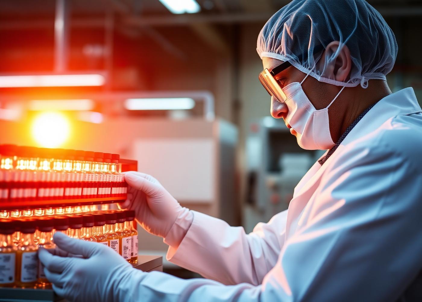 QA technician inspecting a rack of pharmaceutical vials